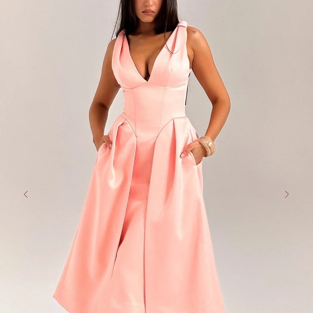 House of CB Peach Satin Pleated Midi Dress. - Picture 8 of 12